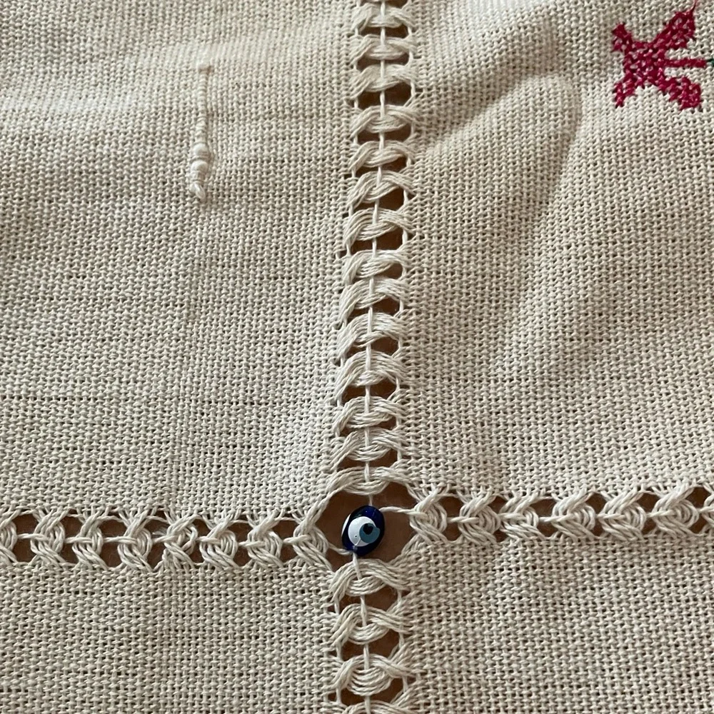 New Cotton Cream Table Linen Embroidered With Evil Eye Beads by ZEUGMA MOSAICO